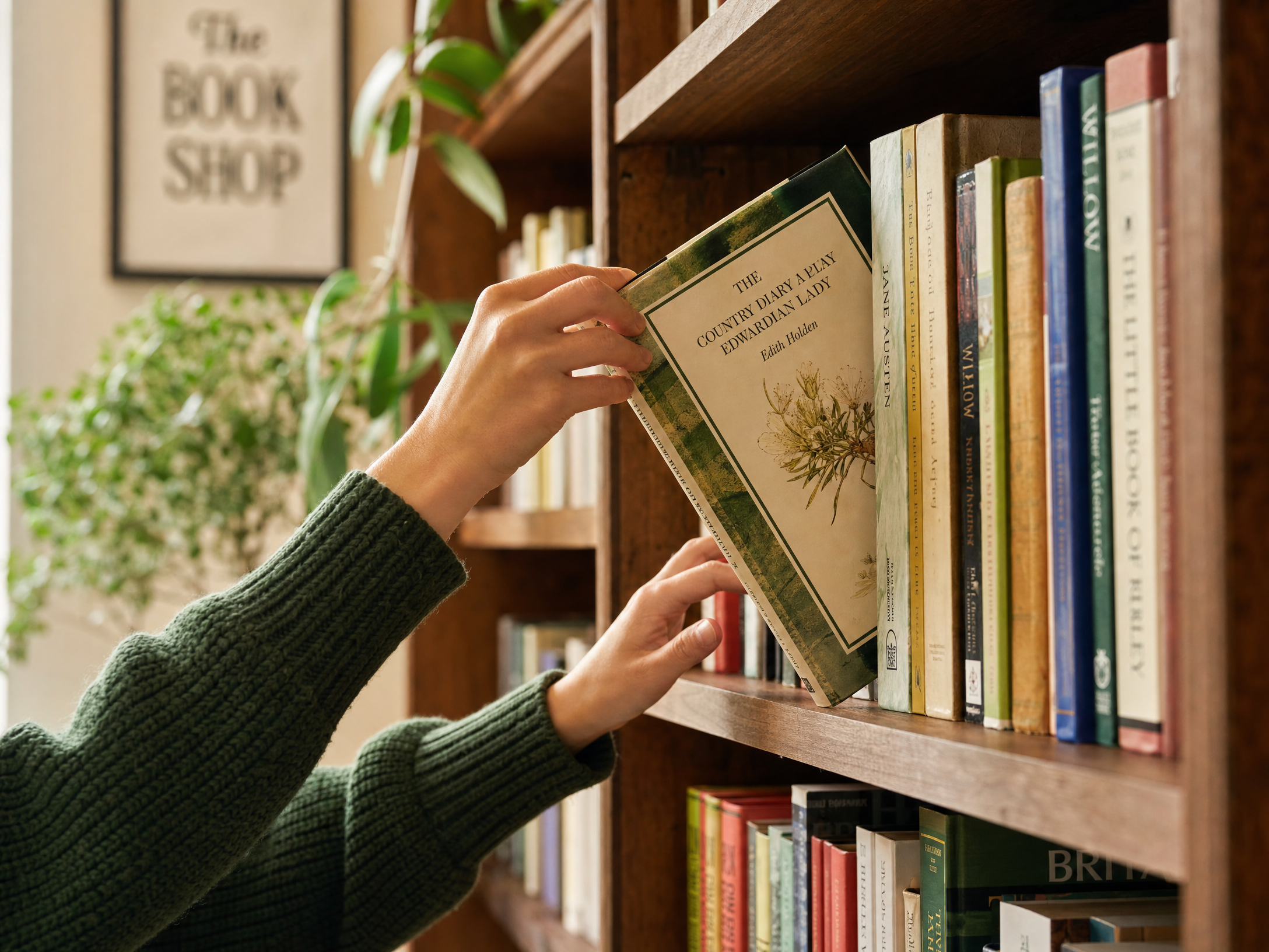 Person selecting a book from a well-organized wooden bookshelf